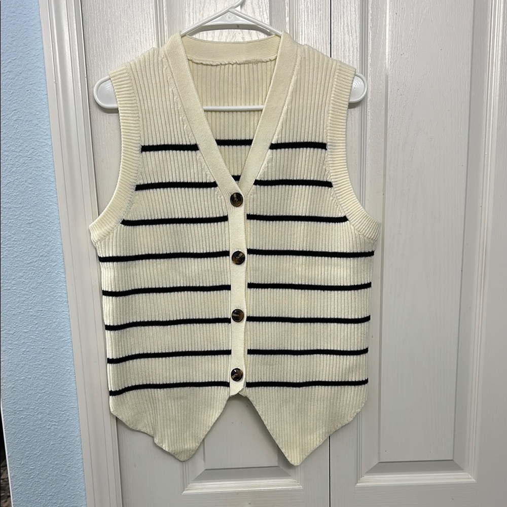 Cream and Black Striped Knit Vest